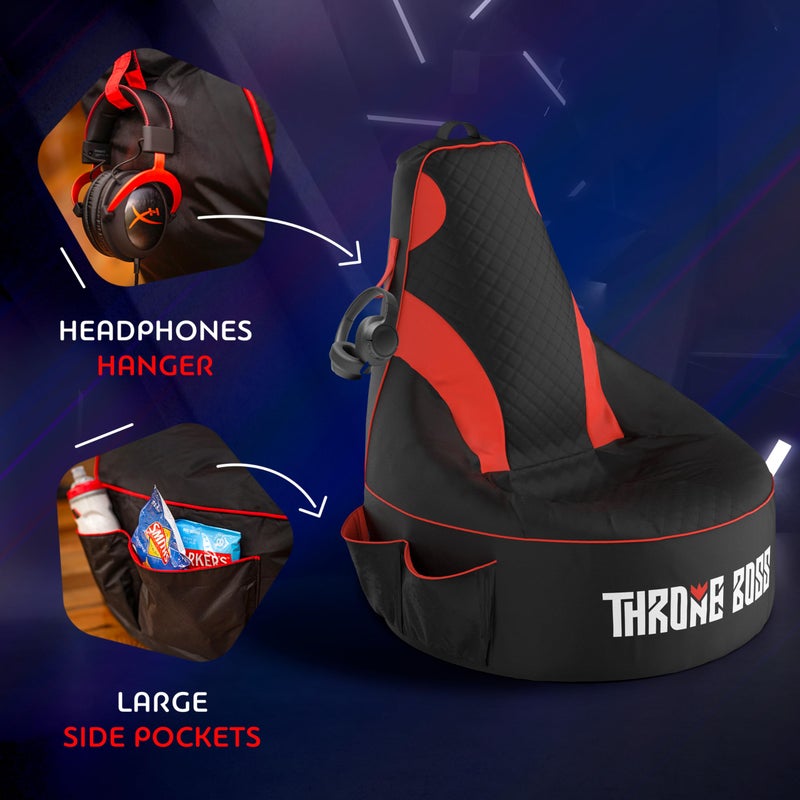 Throne Boss Gaming Bean Bag Chair Cover for Adults with High Back, Red â€“ Large Floor Gaming Chair Cover, Easy to Clean Fabric, Large Pockets, Headphone Hanger, Requires 350 Liters Polystyrene Beans - Image 4